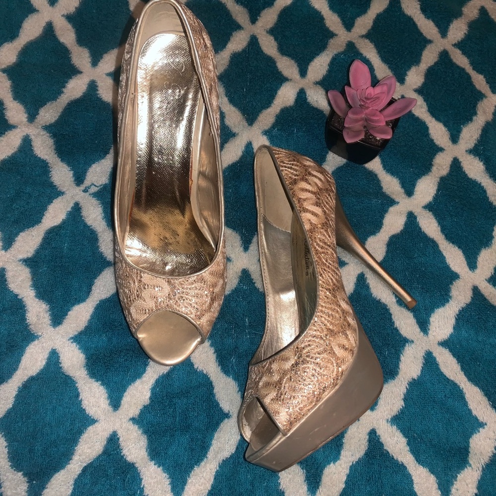 Gold Lace Peep Toe Pump Stiletto Heels Shoes